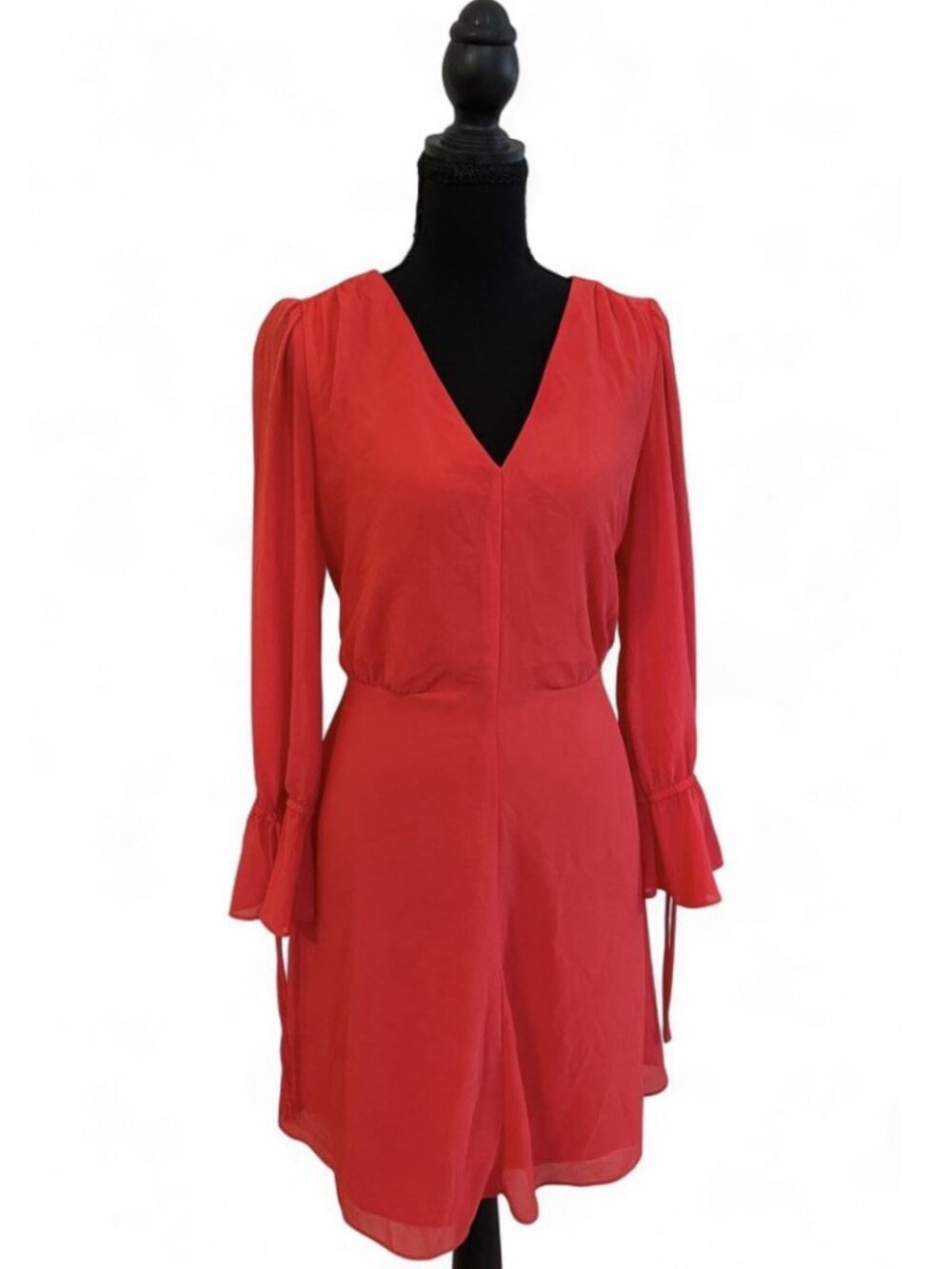 Vince Camuto Flowy Red Dress Cocktail Balloon Sleeves V Neck Lined Feminine, 8